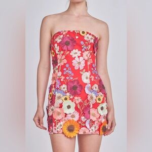 NWT SOLD OUT Endless Rose strapless floral embroidered mini dress in red